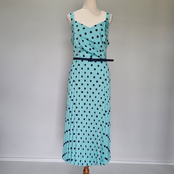 Review Deepwater Blue Pleated Polka Dot Midi Dress with Belt Size 16 - Picture 2 of 9